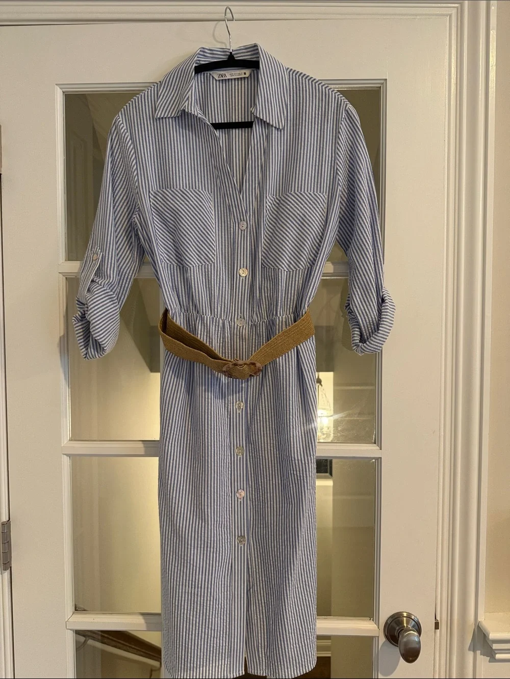 Zara Striped Button-Front Shirt Dress in Light Blue with Belt - Picture 2 of 6